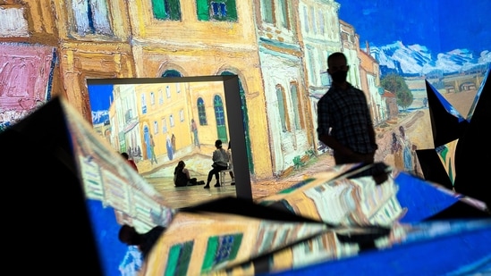 Projections of selected works of celebrated painter Vincent Van Gogh are displayed while guests attend a preview of the Immersive Van Gogh exhibit at Pier 36, Friday, June 4, 2021, in New York. (AP)