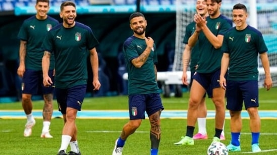 Italy's Lorenzo Insigne works out during a training session of the national team ahead of their match against Turkey.(AP)