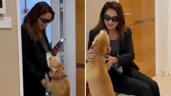 Madhuri Dixit with her pet dog Carmello.