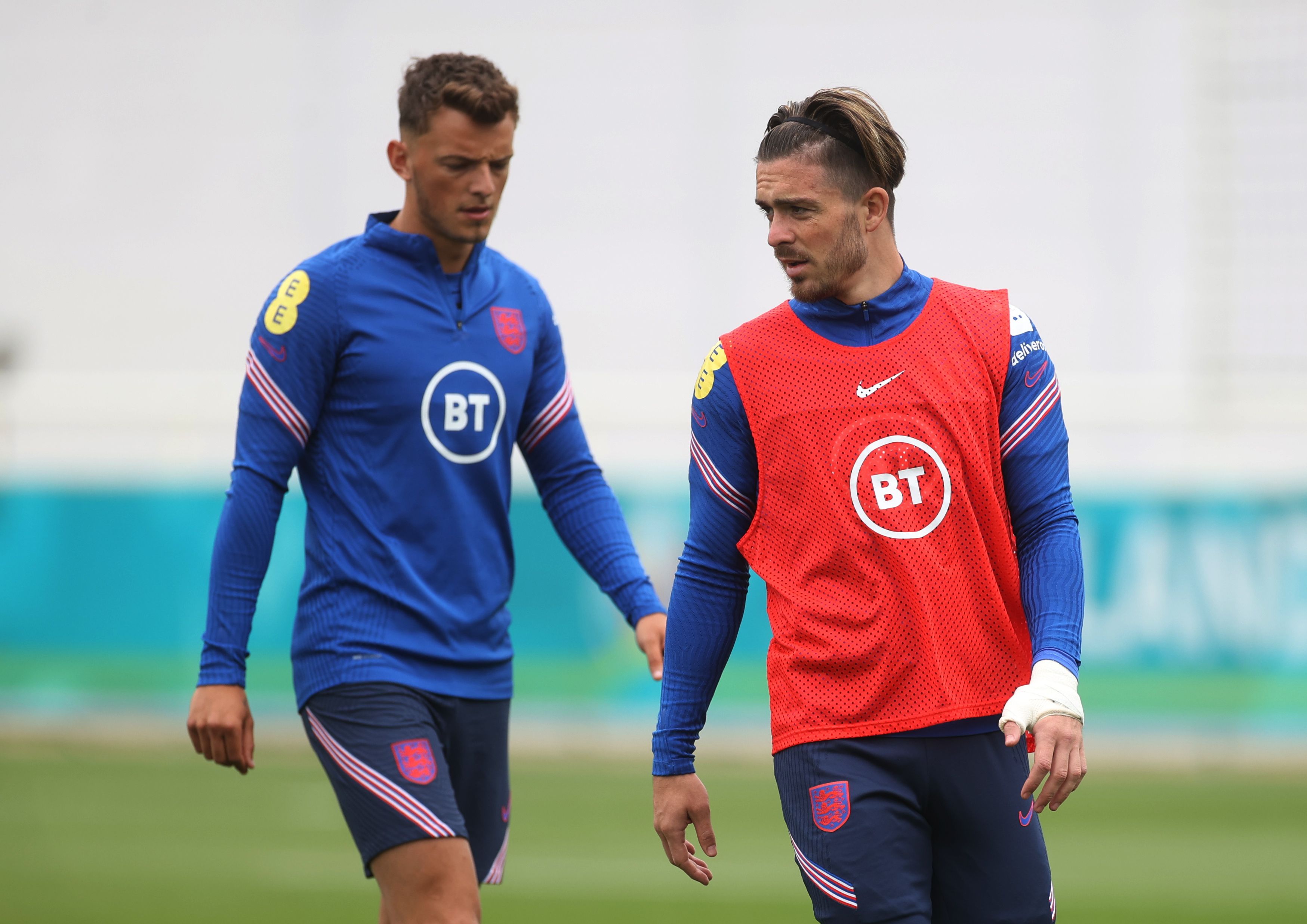 Soccer Football - Euro 2020 - England Training - St. George's Park, Burton upon Trent, Britain - June 10, 2021 England's Jack Grealish and Ben White during training REUTERS/Carl Recine