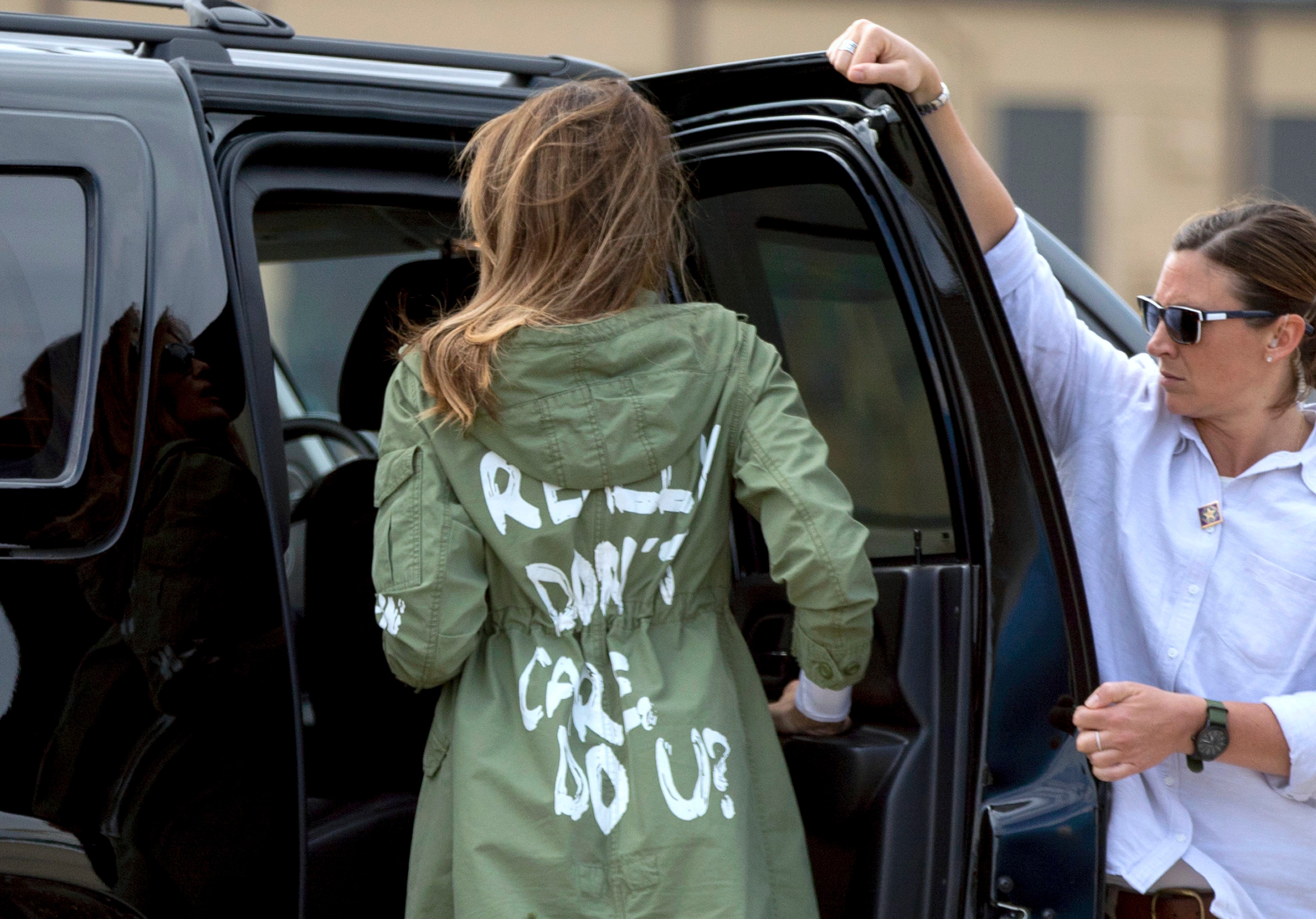In this June 21, 2018 file photo, first lady Melania Trump arrives at Andrews Air Force Base, Md. wearing a Zara jacket that reads, "I don't really care. Do U?" after visiting the Upbring New Hope Children Center run by the Lutheran Social Services of the South in McAllen, Texas. (AP)