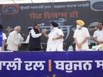 Shiromani Akali Dal (SAD) President Sukhbir Singh Badal offers sweets to Bahujan�Samaj Party (BSP) Secretary General Satish Chandra Mishra during a joint press conference at the SAD head office in Chandigarh, Shiromani Akali Dal (SAD) President Sukhbir Singh Badal offers sweets to Bahujan�Samaj Party (BSP) Secretary General Satish Chandra Mishra during a joint press conference at the SAD head office in Chandigarh,