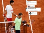 Novak Djokovic and Rafael Nadal after their French Open 2021 semifinal. (Reuters) Novak Djokovic and Rafael Nadal after their French Open 2021 semifinal. (Reuters)