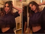 Mouni Roy in <span class='webrupee'>₹</span>24k crop shirt and skirt creates magic with her all-black look(Instagram/@imouniroy) Mouni Roy in <span class='webrupee'>₹</span>24k crop shirt and skirt creates magic with her all-black look(Instagram/@imouniroy)
