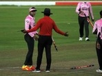 Shakib Al Hasan arguing with the umpires Shakib Al Hasan arguing with the umpires