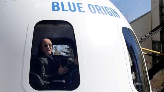 In this file photo, Amazon and Blue Origin founder Jeff Bezos addresses the media about the New Shepard rocket booster and crew capsule mockup at the 33rd Space Symposium in Colorado, US. (REUTERS)