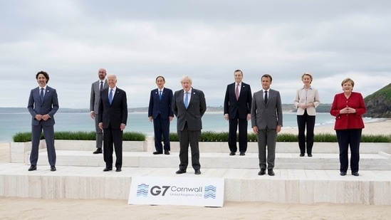G7 leaders and top EU officials pose for a group photo at the G7 summit, in Carbis Bay, Britain.(Reuters)