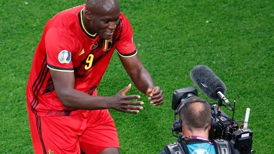 Belgium's Romelu Lukaku celebrates after scoring his sides first goal.(AP)