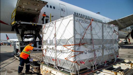 Ground crew unload a shipment of the Johnson & Johnson Covid-19 vaccine at Toronto Pearson Airport in Mississauga, Ontario, Canada. (REUTERS) Ground crew unload a shipment of the Johnson & Johnson Covid-19 vaccine at Toronto Pearson Airport in Mississauga, Ontario, Canada. (REUTERS)
