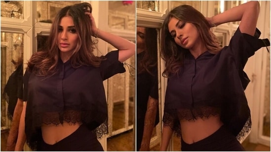 Mouni Roy in <span class='webrupee'>?</span>24k crop shirt and skirt creates magic with her all-black look(Instagram/@imouniroy)