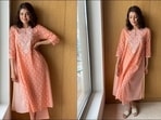 Kajal Aggarwal aces ethnic grace in peach A-line kurta set with Rajasthani craft