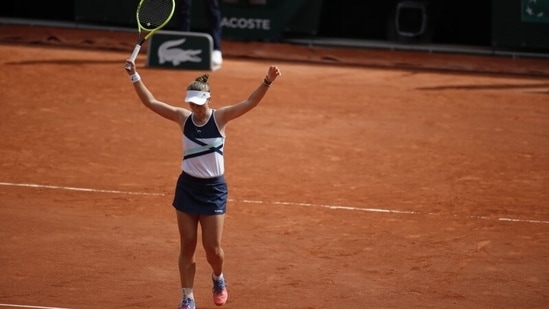 Czech Republic's Barbora Krejcikova celebrates after winning the final match against Russia's Anastasia Pavlyuchenkova.