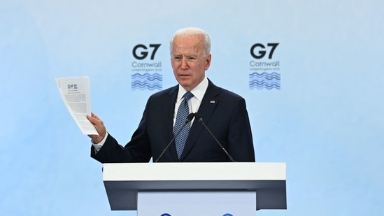 US President Joe Biden takes part in a press conference on the final day of the G7 summit at Cornwall Airport Newquay, Cornwall.(AFP)