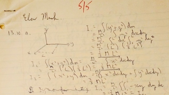 Elon Musk replied to the images of his homework from college days shared by a Twitter user.(Twitter/@elonmusk) Elon Musk replied to the images of his homework from college days shared by a Twitter user.(Twitter/@elonmusk)