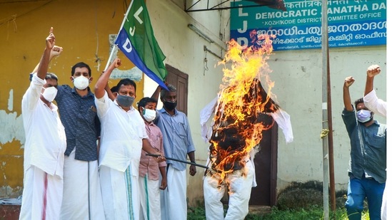 Kozhikode: LJD activists burn an effigy of Lakshadweep Administrator Praful Patel to protest against policy changes announced by him.(PTI)