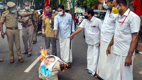 Social Democratic Party of India (SDPI) activists burn an effiggy of Lakshadweep Administrator Praful Khoda Patel outside Raj Bhavan, in solidarity with the people of Lakshadweep, in Thiruvananthapuram, Wednesday, June 2, 2021. (PTI)