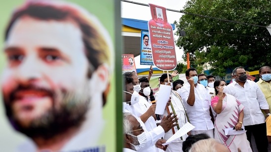 Tamil Nadu Congress Committee (TNCC) president K S Alagiri with party workers stage a 'symbolic' protest against frequent hikes in the prices of petrol and diesel, in front of a fuel station, in Chennai, Friday, June 11, 2021. (PTI) Tamil Nadu Congress Committee (TNCC) president K S Alagiri with party workers stage a 'symbolic' protest against frequent hikes in the prices of petrol and diesel, in front of a fuel station, in Chennai, Friday, June 11, 2021. (PTI)