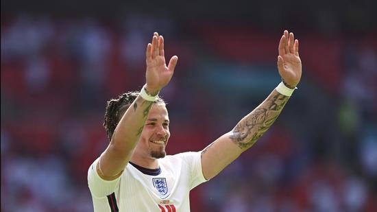 England's Kalvin Phillips applauds fans at the end of the Euro 2020 Group D match against Croatia at the Wembley stadium in London on Sunday. (AP)