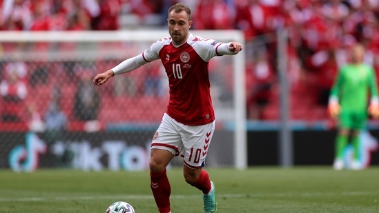 Christian Eriksen controls the ball during Euro 2020 soccer championship group B match between Denmark and Finland at Parken stadium in Copenhagen.(AP)