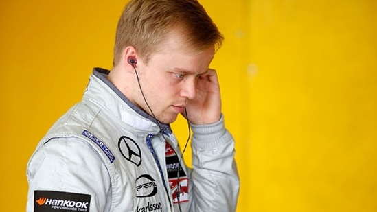 Rosenqvist’s car was stuck nose-up at a nearly 45-degree angle jammed into the scattered tire barrier. (Getty Images) Rosenqvist’s car was stuck nose-up at a nearly 45-degree angle jammed into the scattered tire barrier. (Getty Images)