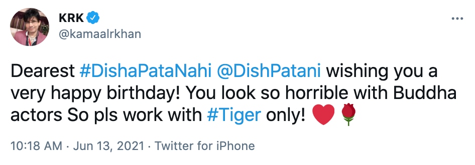 KRK's tweet for Disha Patani.