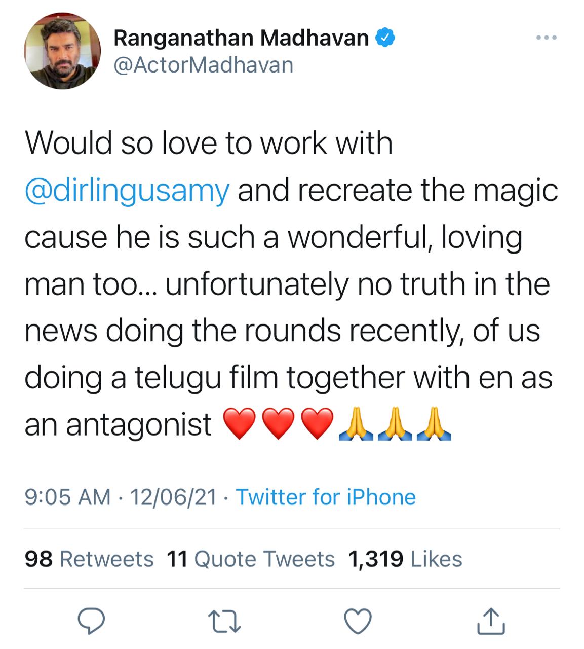 Madhavan's message on Twitter.