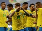 Brazil's Neymar celebrates scoring their second goal with teammates