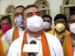 Suvendu Adhikari speaks to media at Raj Bhawan in Kolkata on Monday.