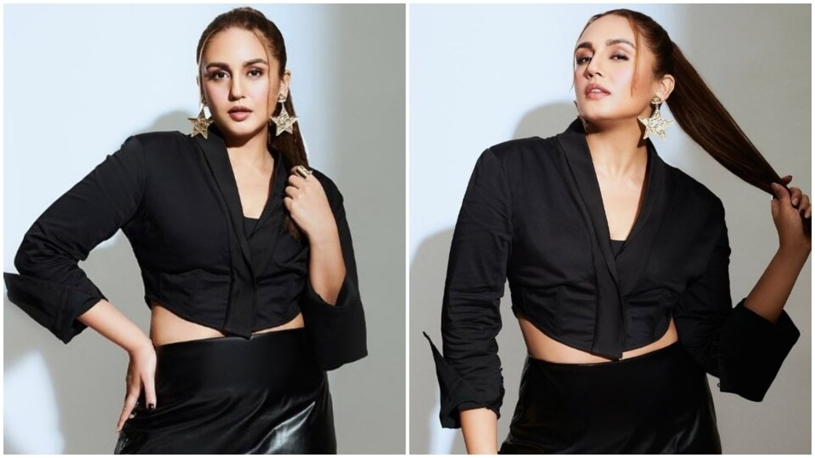 Huma Qureshi in ₹4k all-black crop blazer and faux leather mini skirt is magic