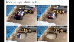 The image shows a hilarious meme based on the viral video of the car drowning in a sinkhole.