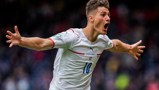 Czech Republic's Patrik Schick celebrates after scoring his second goal. (AP) Czech Republic's Patrik Schick celebrates after scoring his second goal. (AP)