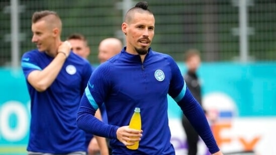 Marek Hamsik attends a training session on the eve of the Euro 2020 soccer championship group E match between Poland and Slovakia at FC Zenit Training Centre in St. Petersburg.(AP)