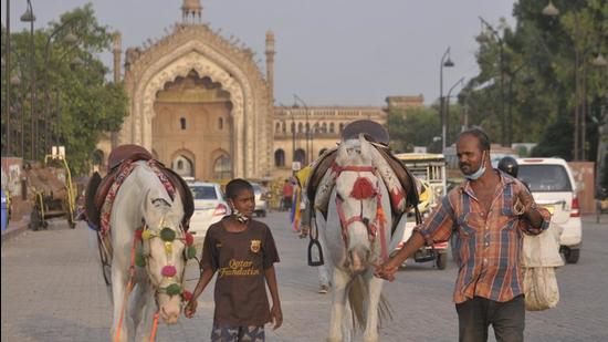 Several horsemen are now trying to earn a living by offering horse rides to tourists visiting the old city after their traditional businesses were ruined by the coronavirus. HT Photo