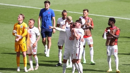 England players celebrate after the match( Pool via REUTERS)