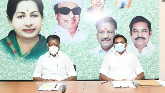 Senior party leaders and former Tamil Nadu chief ministers O Panneerselvam(left) and Edappadi K Palaniswami(right) during the party's legislature meeting on Monday. (Twitter/@AIADMKOfficial) Senior party leaders and former Tamil Nadu chief ministers O Panneerselvam(left) and Edappadi K Palaniswami(right) during the party's legislature meeting on Monday. (Twitter/@AIADMKOfficial)