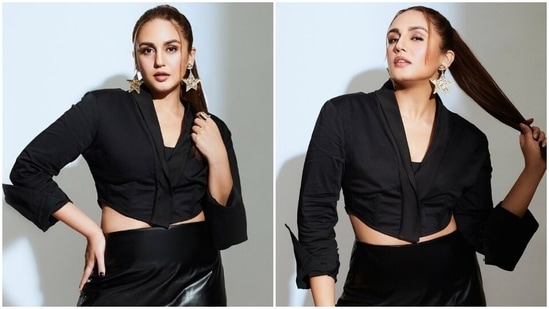 Huma Qureshi in all-black crop blazer and faux leather mini skirt is magic(Instagram/@iamhumaq)