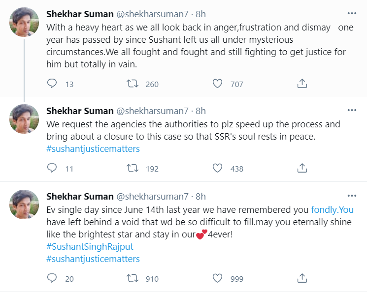 Shekhar Suman expressed ‘anger, frustration and dismay’ over the progress in the Sushant Singh Rajput death investigation.