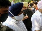 Shiromani Akali Dal President Sukhbir Singh Badal during a protest outside the residence of Punjab CM Captain Amarinder Singh's farmhouse in Siswan on Tuesday. (ANI Photo)