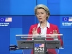 President of the EU Commission Ursula von der Leyen gives a press conference after an EU - US summit at the European Union headquarters in Brussels on June 15, 2021.(AFP) President of the EU Commission Ursula von der Leyen gives a press conference after an EU - US summit at the European Union headquarters in Brussels on June 15, 2021.(AFP)
