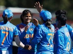 Indian women’s T20 cricket team celebrate.