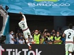 Portugal's Cristiano Ronaldo celebrates after scoring his side's second goal.(AP) Portugal's Cristiano Ronaldo celebrates after scoring his side's second goal.(AP)