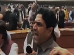 A scene of the ruckus inside Pakistan National Assembly on Tuesday.(ANI Photo) A scene of the ruckus inside Pakistan National Assembly on Tuesday.(ANI Photo)