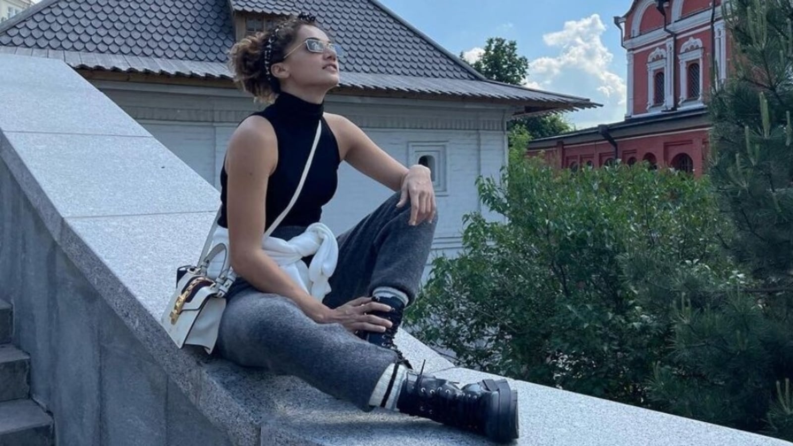 Taapsee Pannu pairs black bodysuit, grey joggers with ₹1 lakh bag on Moscow trip