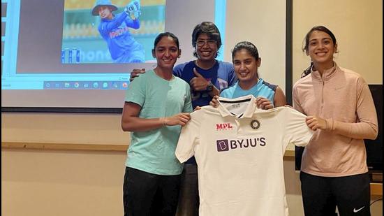 Indian women cricketers Harmanpreet Kaur, Jhulan Goswami, Mithali Raj and Smriti Mandhana (L-R) at the unveiling of the team's new Test kit ahead of England Test. (PTI)