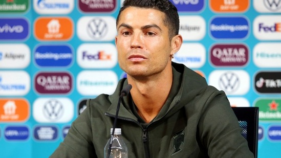 Portugal's Cristiano Ronaldo during the press conference. (Handout via REUTERS)