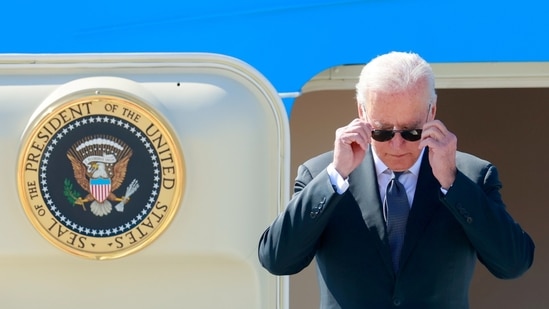 US President Joe Biden steps off Air Force One at Cointrin airport as he arrives ahead of a meeting with Russian counterpart Vladimir Putin in Geneva, Switzerland, June 15, 2021.(REUTERS)