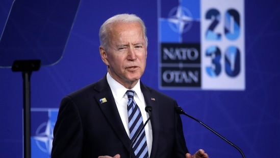 US President Joe Biden speaks during a media conference during a NATO summit in Brussels, Monday. (AP) US President Joe Biden speaks during a media conference during a NATO summit in Brussels, Monday. (AP)