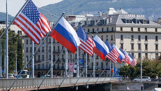 National flags of the US and Russia at the waterfront near Villa La Grange ahead of the US Russia summit in Geneva, Switzerland. (Bloomberg) National flags of the US and Russia at the waterfront near Villa La Grange ahead of the US Russia summit in Geneva, Switzerland. (Bloomberg)