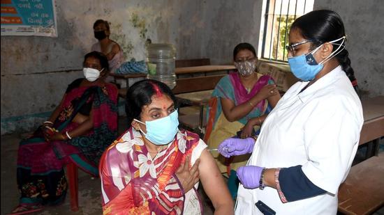 Beneficiaries get the second dose of Covid-19 vaccine at a government school in Ranchi. (File photo)