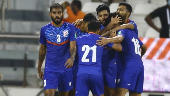 Indian football team celebrates after scoring against Afghanistan.(AIFF) Indian football team celebrates after scoring against Afghanistan.(AIFF)